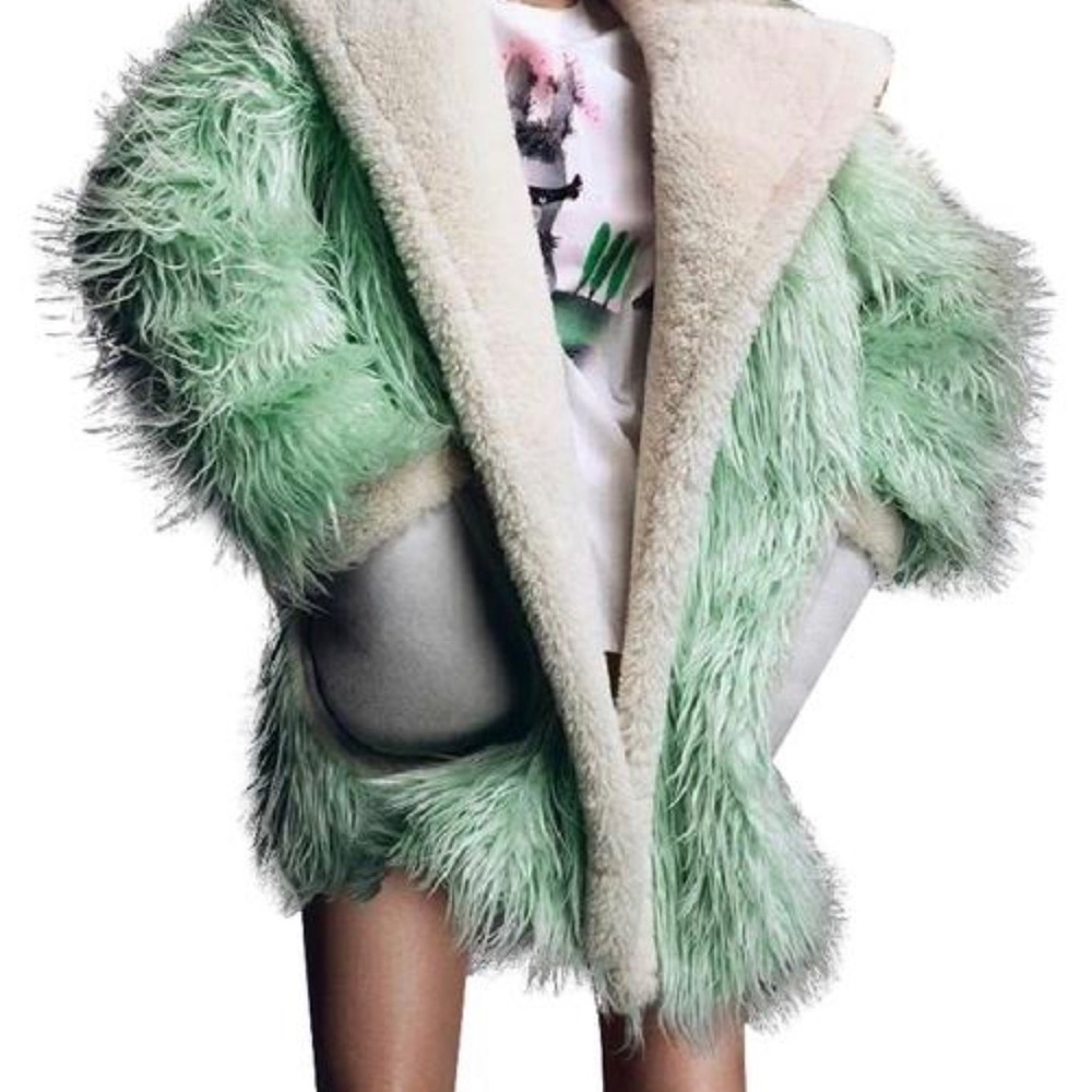 $1,495 COACH sz S Oversized Green Fluff Shearling-trimmed Faux Fuzzy Coat Women